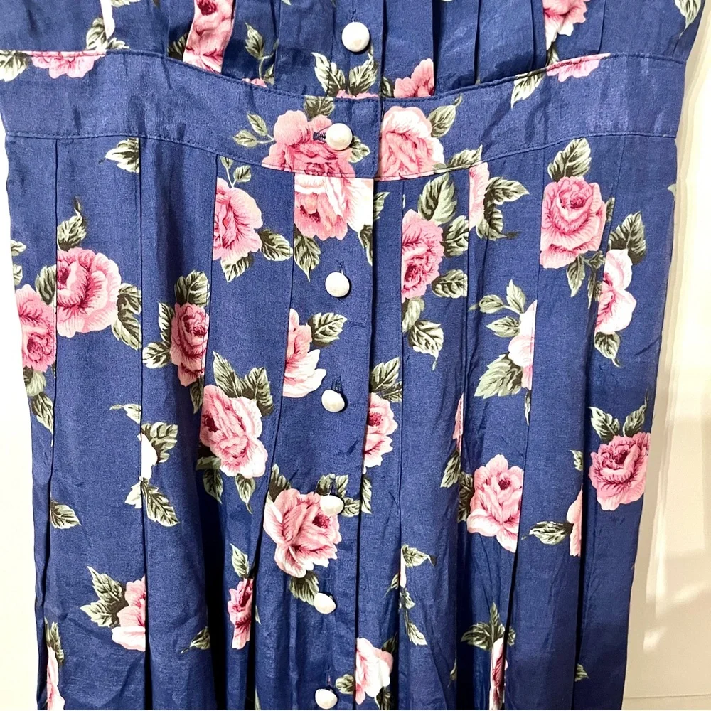 Vintage Plaza South Pleated Pearl Button Floral Dress Cottagecore Blue Pink Sz 6